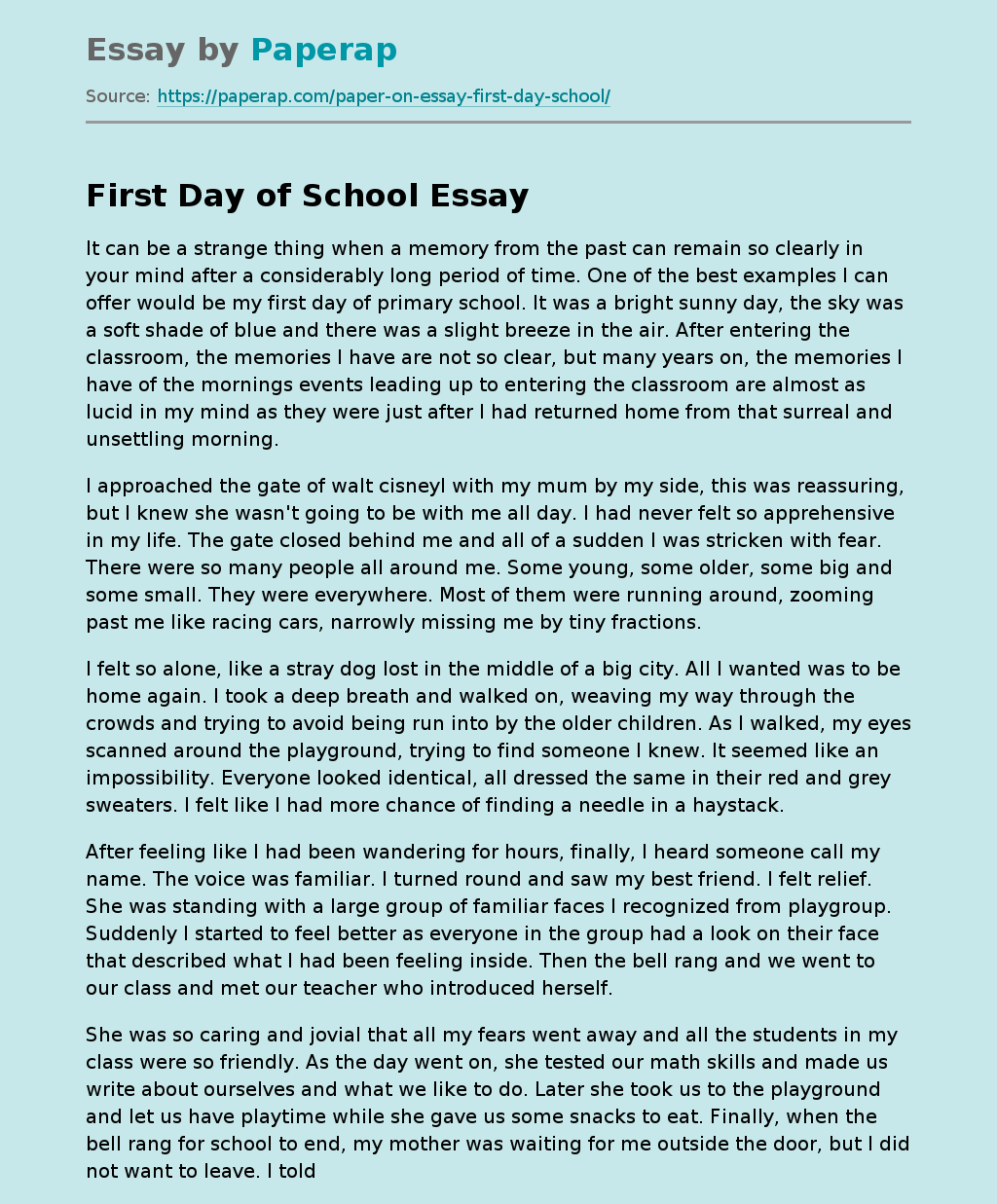 an essay on first day at school