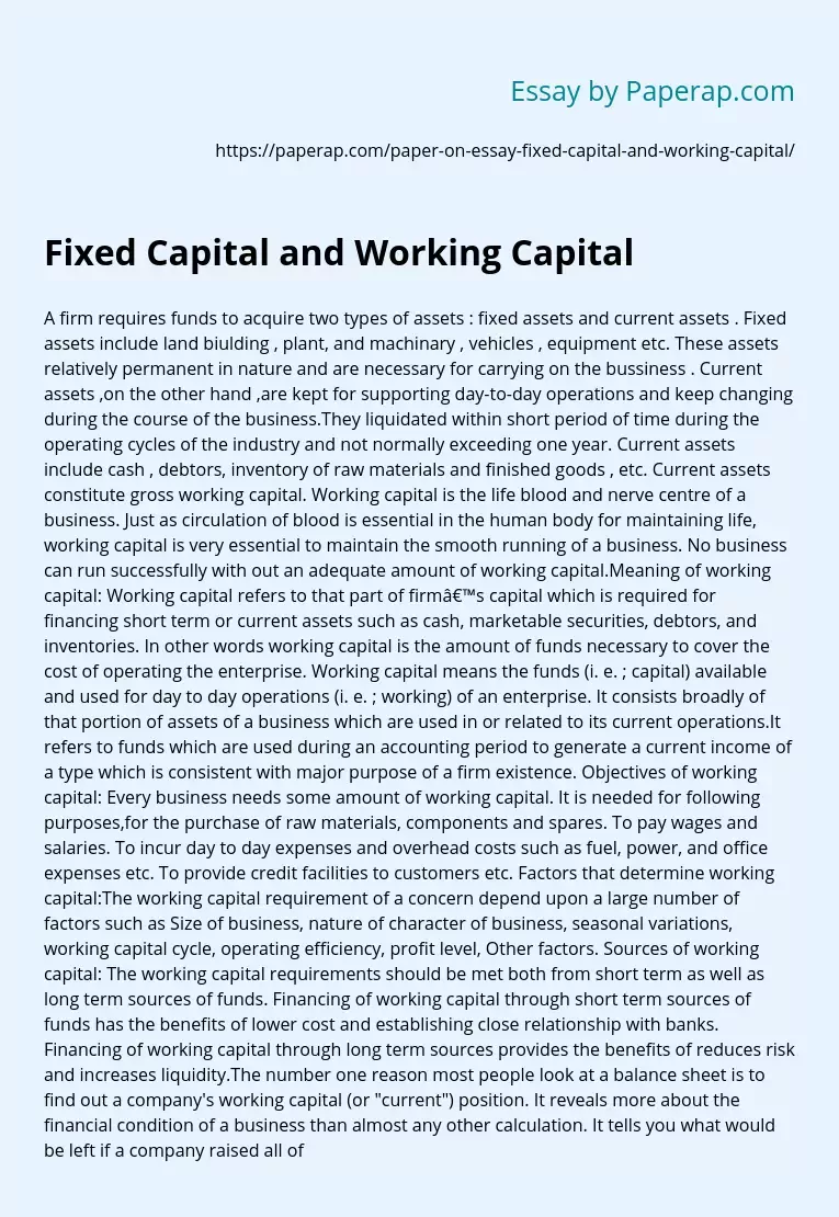 Fixed Capital and Working Capital