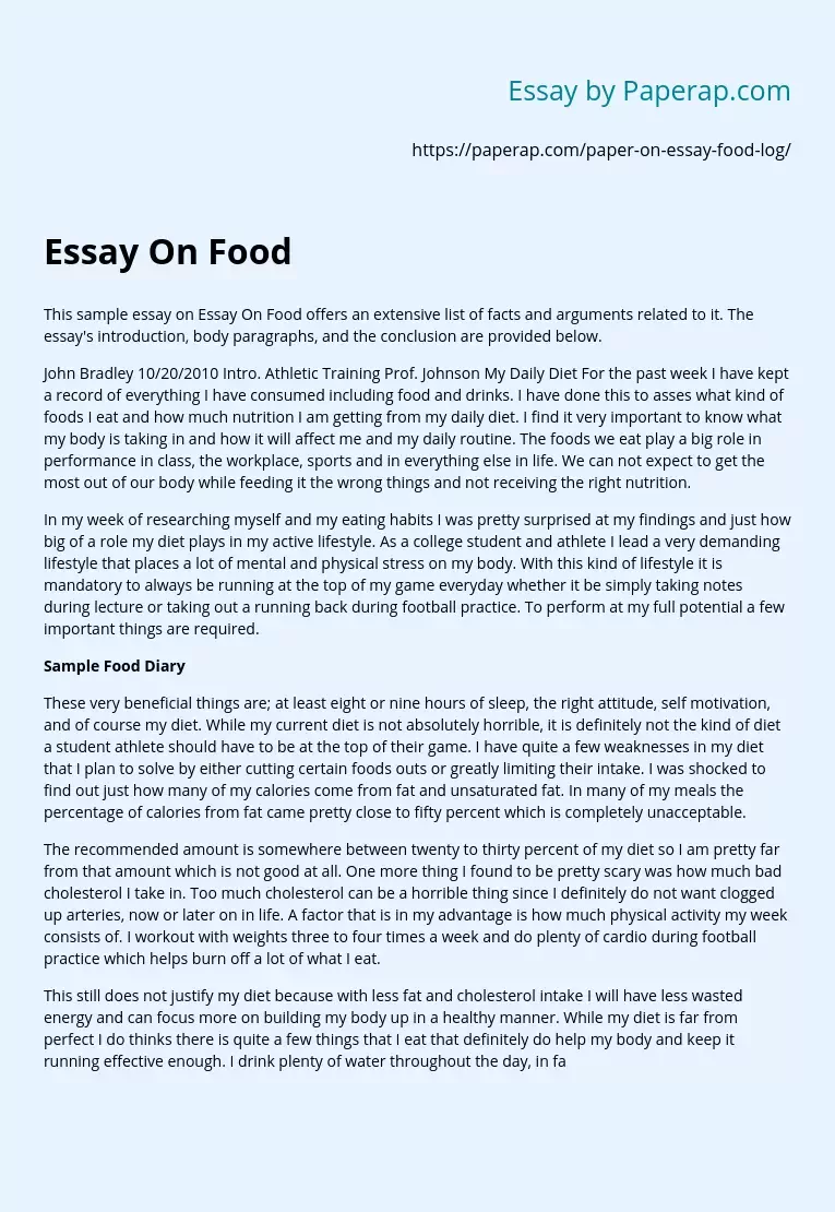 Essay On Food: My Food Diary Analysis