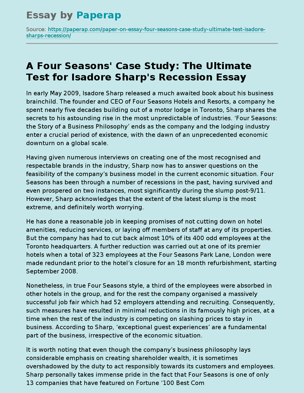 A Four Seasons' Case Study: The Ultimate Test for Isadore Sharp's Recession