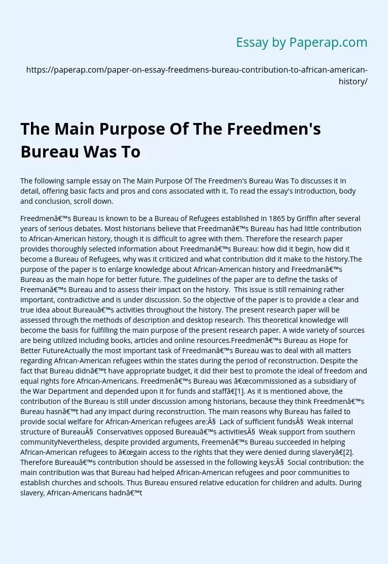 The Main Purpose Of The Freedmen's Bureau Was To