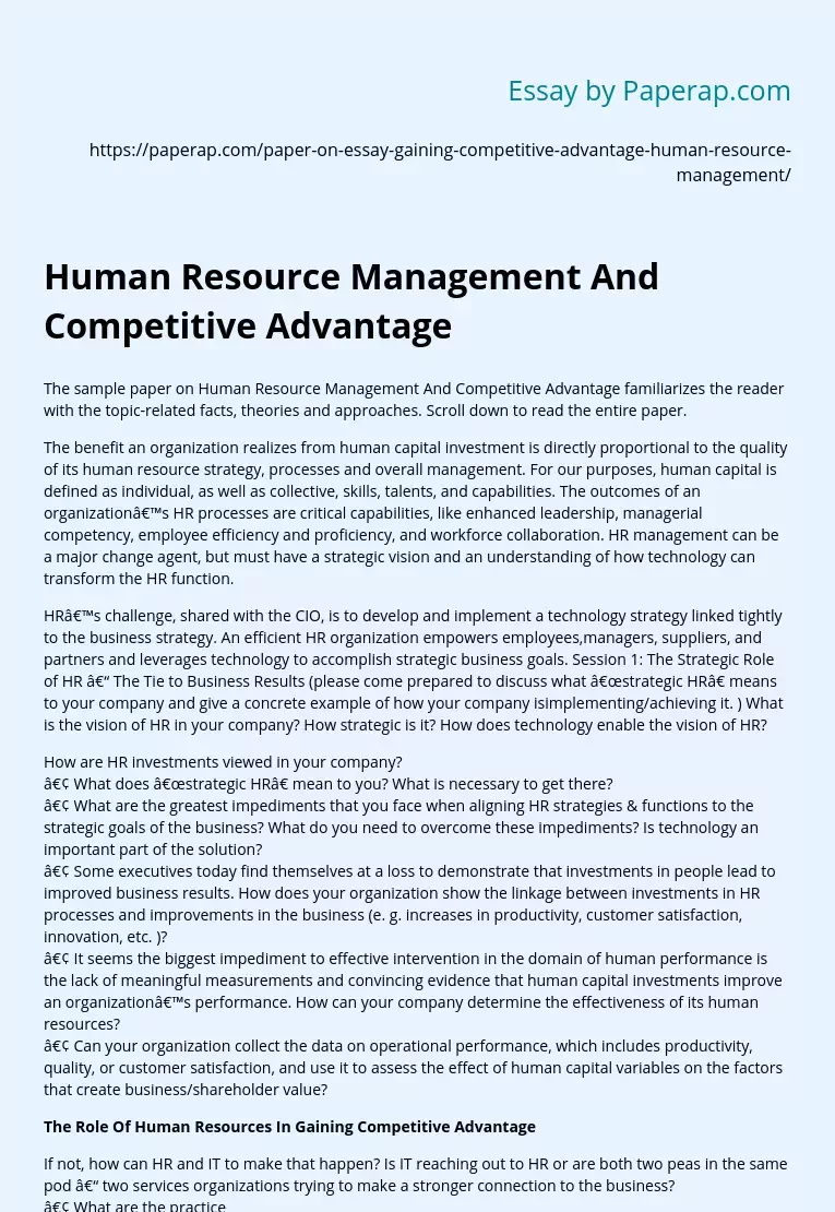 Human Resource Management And Competitive Advantage