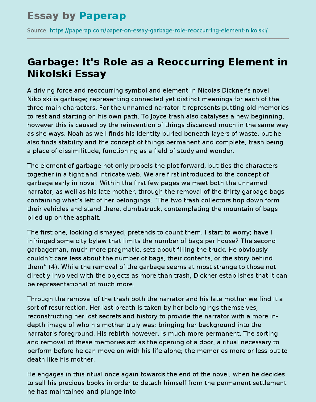 Garbage: It's Role as a Reoccurring Element in Nikolski