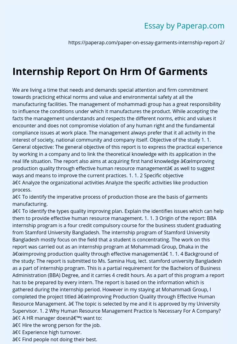 Internship Report On Hrm Of Garments