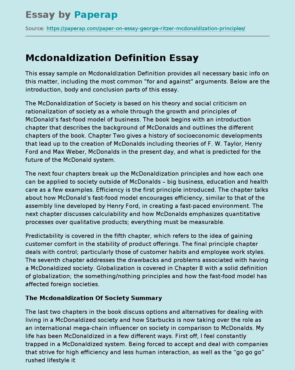mcdonaldization of society essay