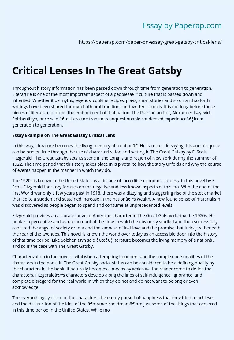 Critical Lenses In The Great Gatsby
