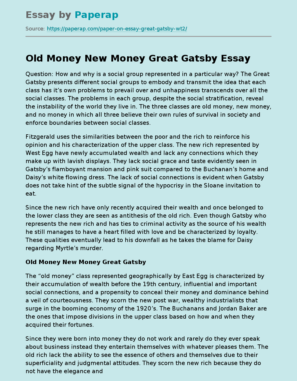 great gatsby old money vs new money essay