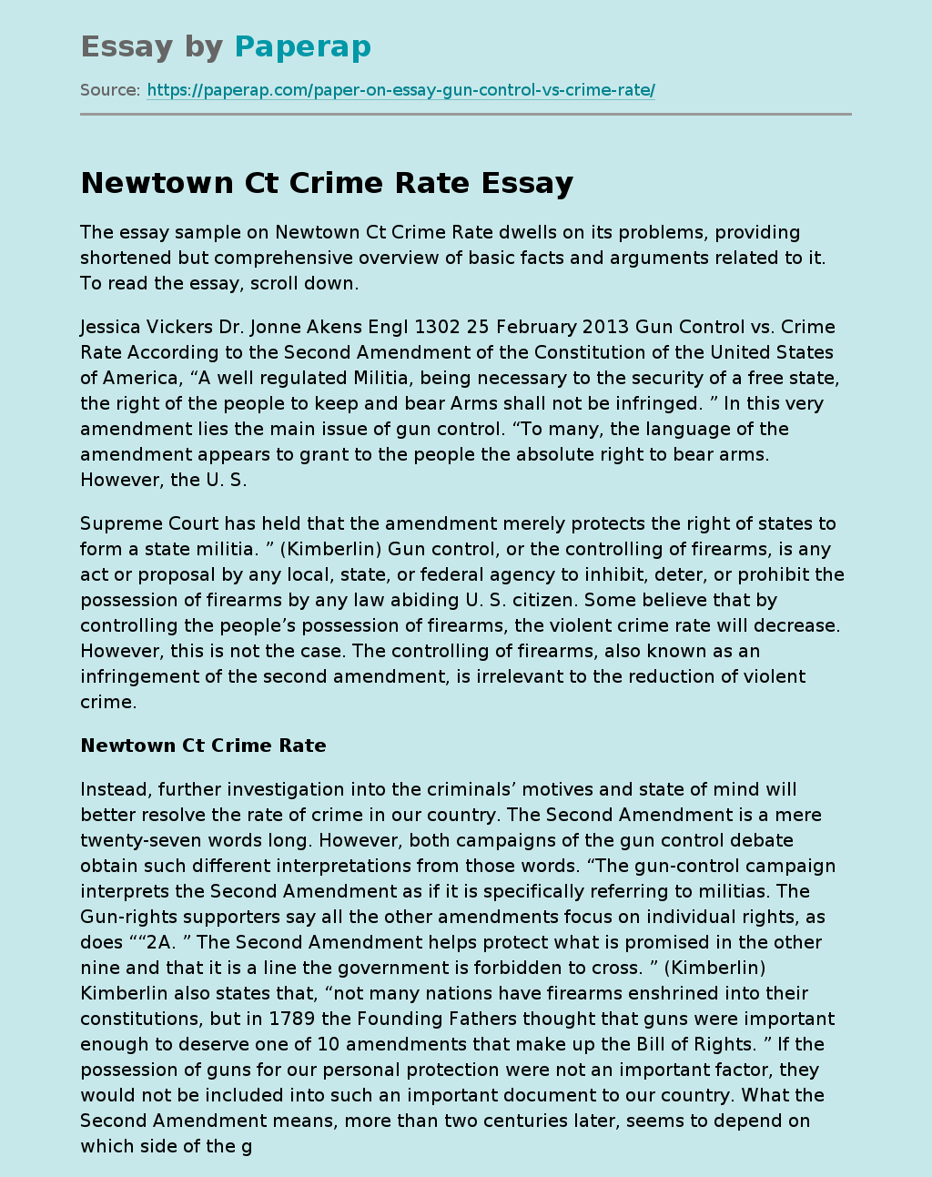 Essay Sample on Newtown CT Crime Rate