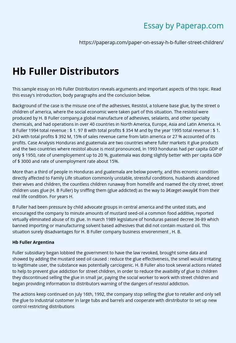 Sample Essay on Hb Fuller Distributors