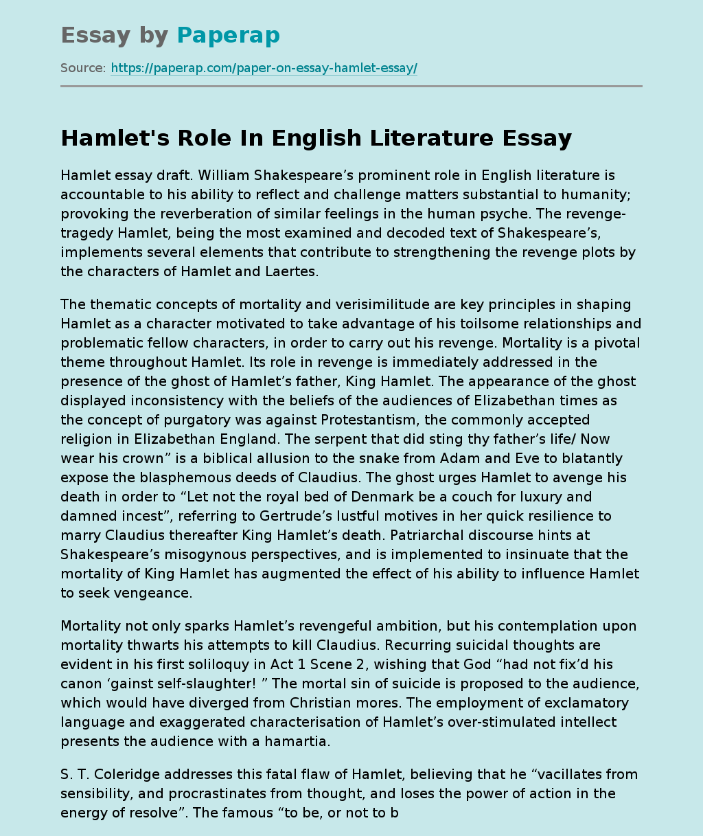 Hamlet's Role In English Literature