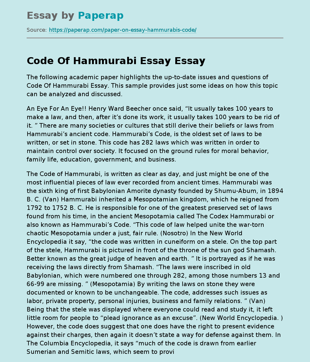 Code Of Hammurabi Essay