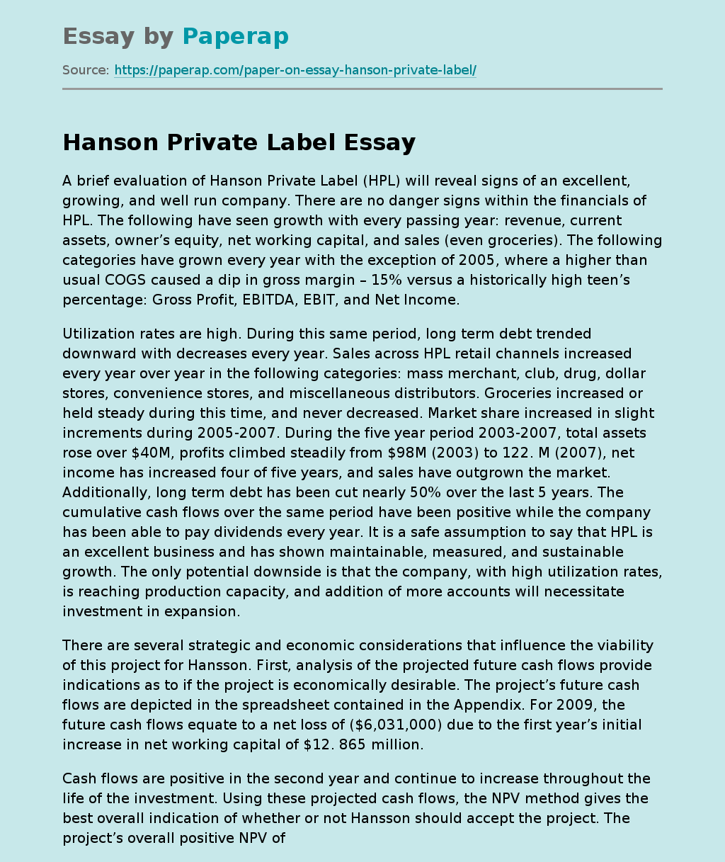 A Brief Evaluation of Hanson Private Label