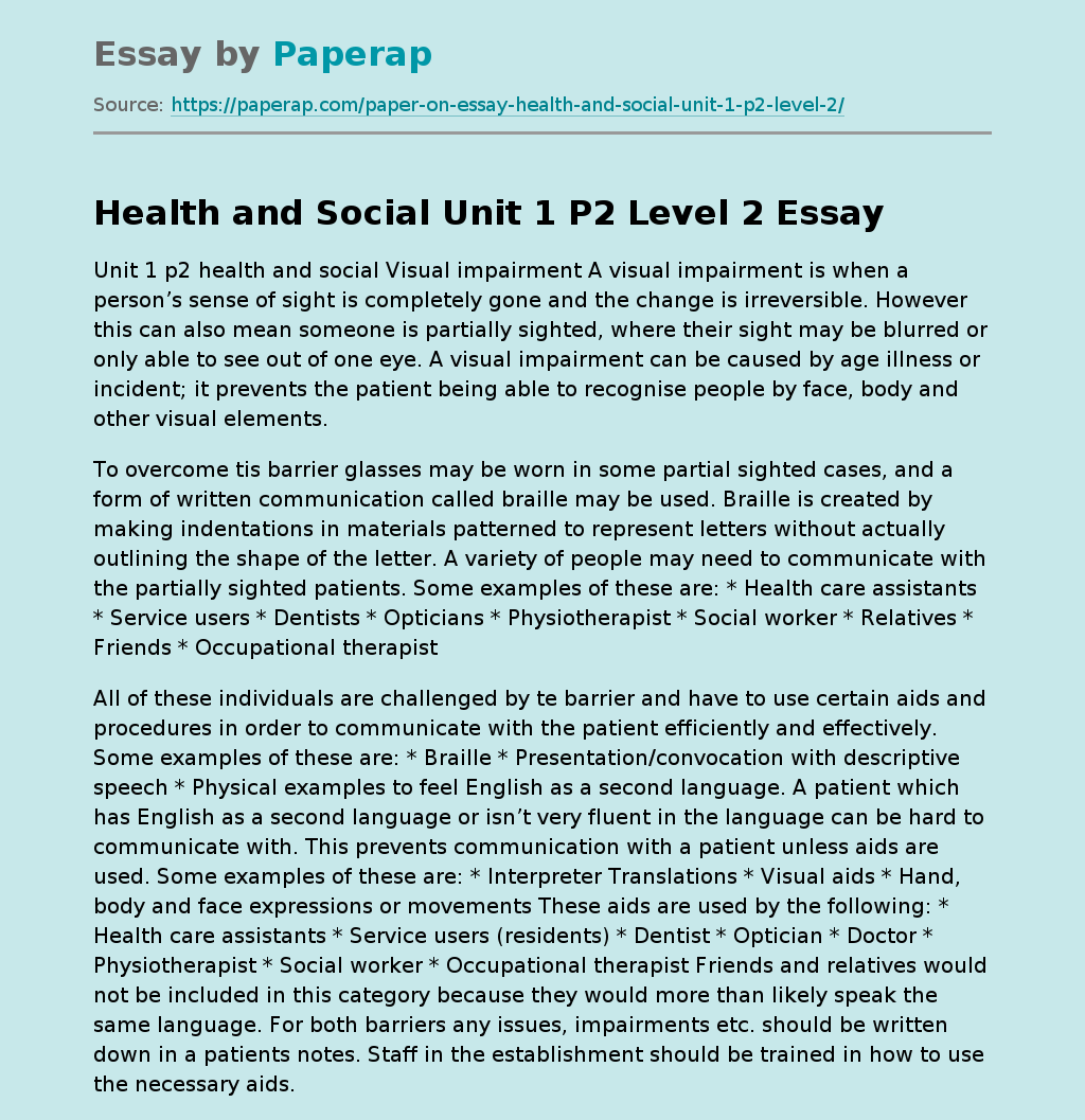 Health and Social Unit 1 P2 Level 2