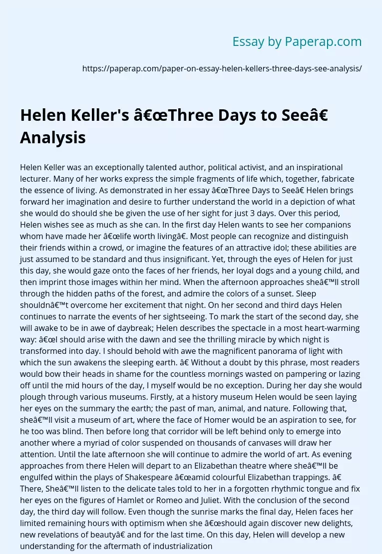 Helen Keller&#039;s “Three Days to See” Analysis