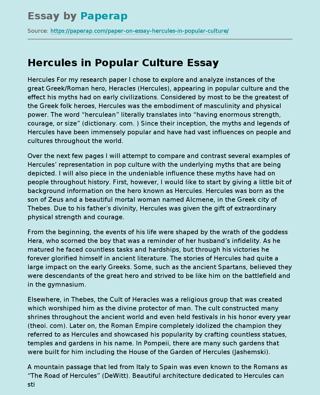 Emergence of the Greco-Roman Hero Hercules in Popular Culture