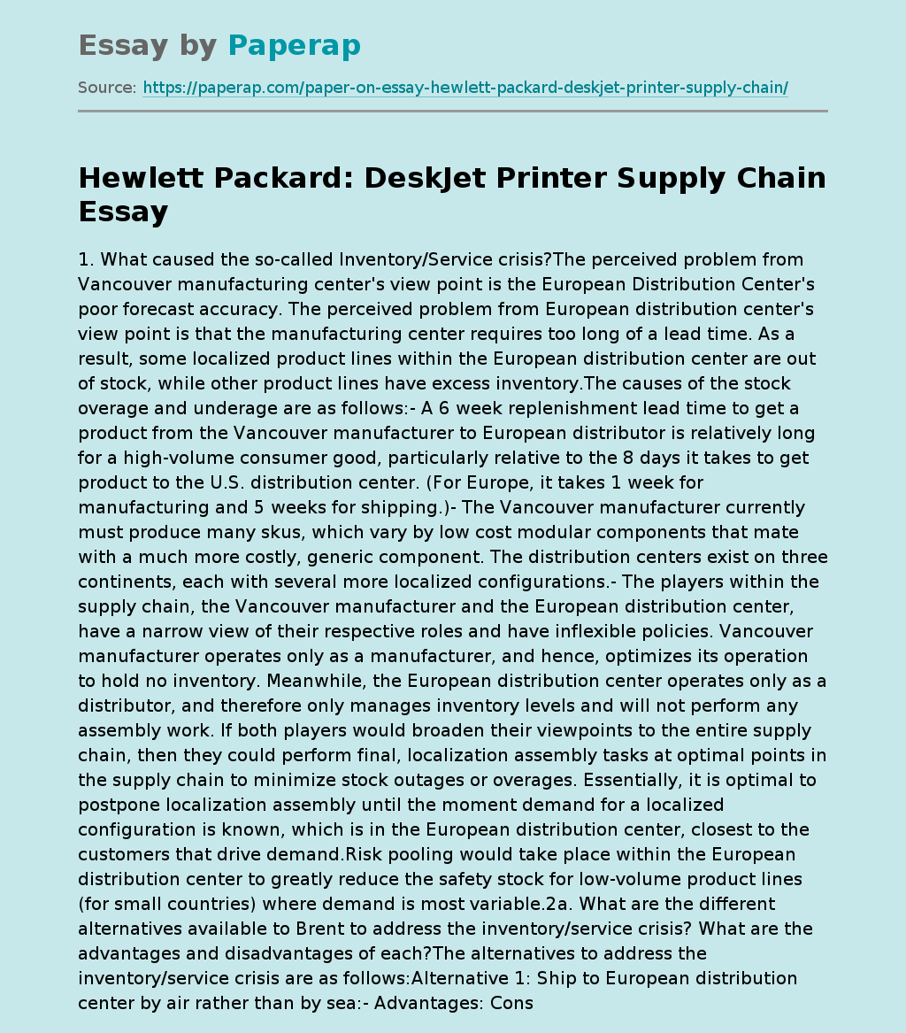 Hewlett Packard: DeskJet Printer Supply Chain