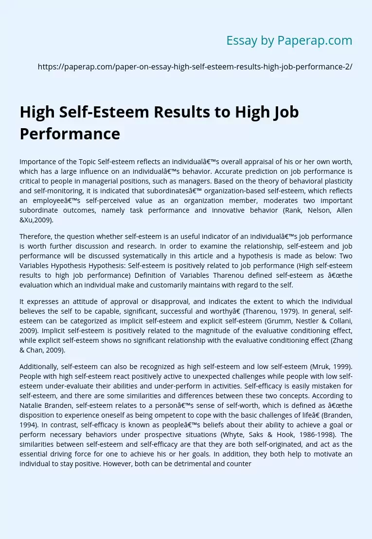 High Self-Esteem Results to High Job Performance