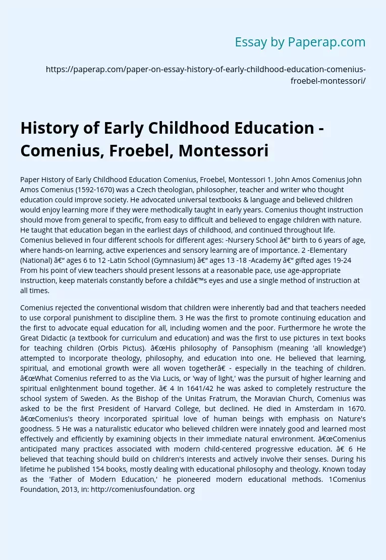 History of Early Childhood Education - Comenius, Froebel, Montessori