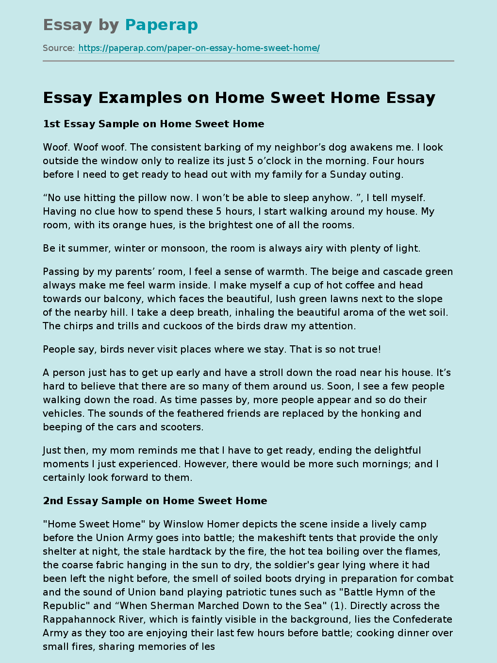 Essay Examples on Home Sweet Home