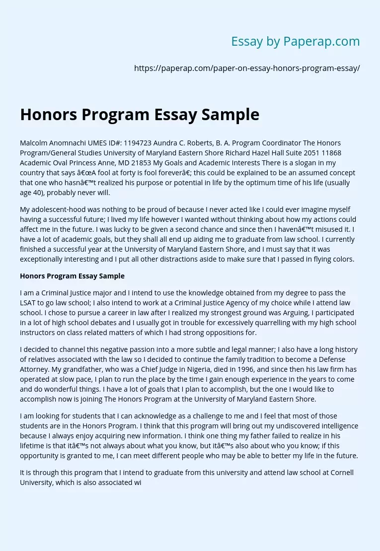Honors Program Sample College And Application Essay Example
