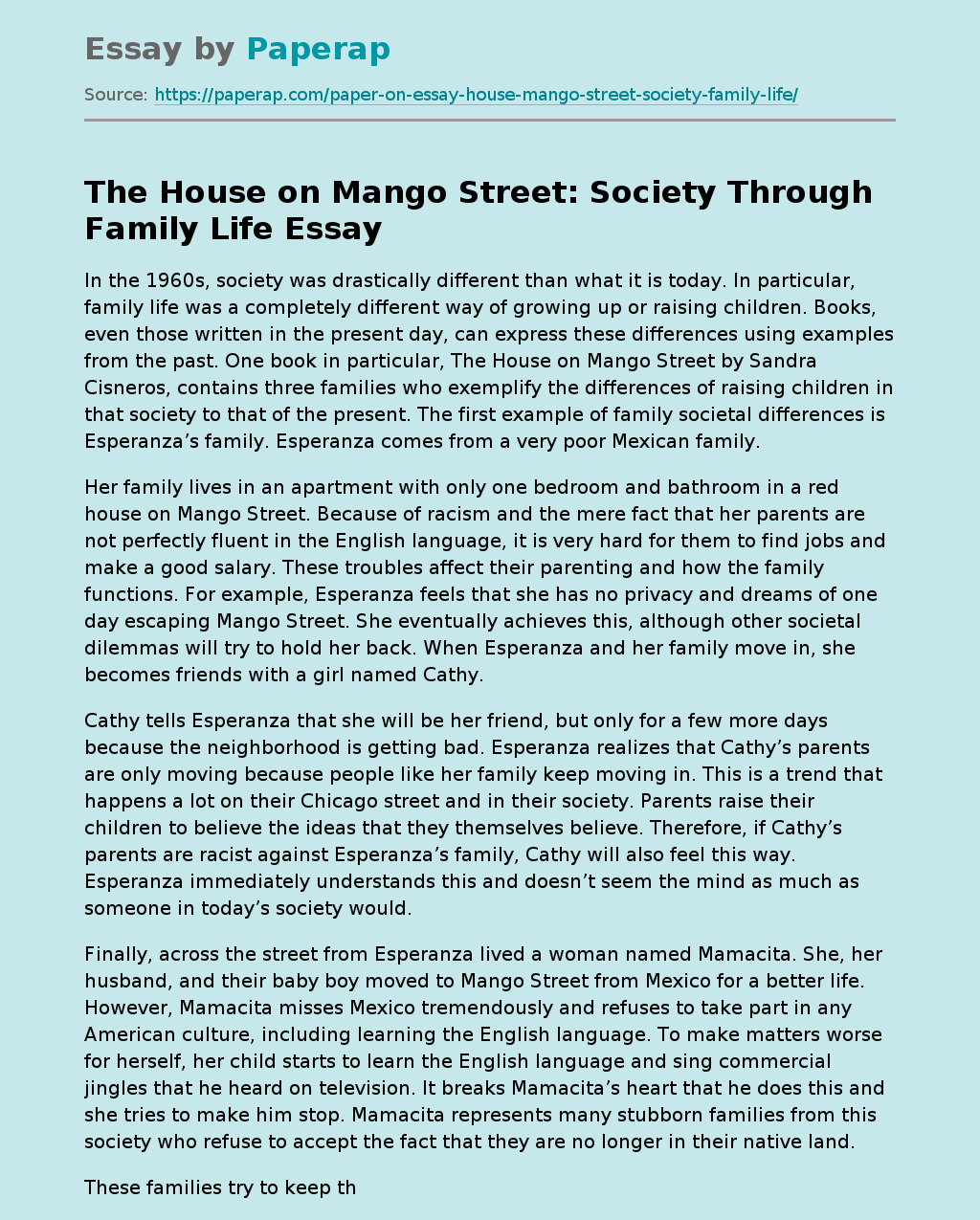 The House on Mango Street: Society Through Family Life