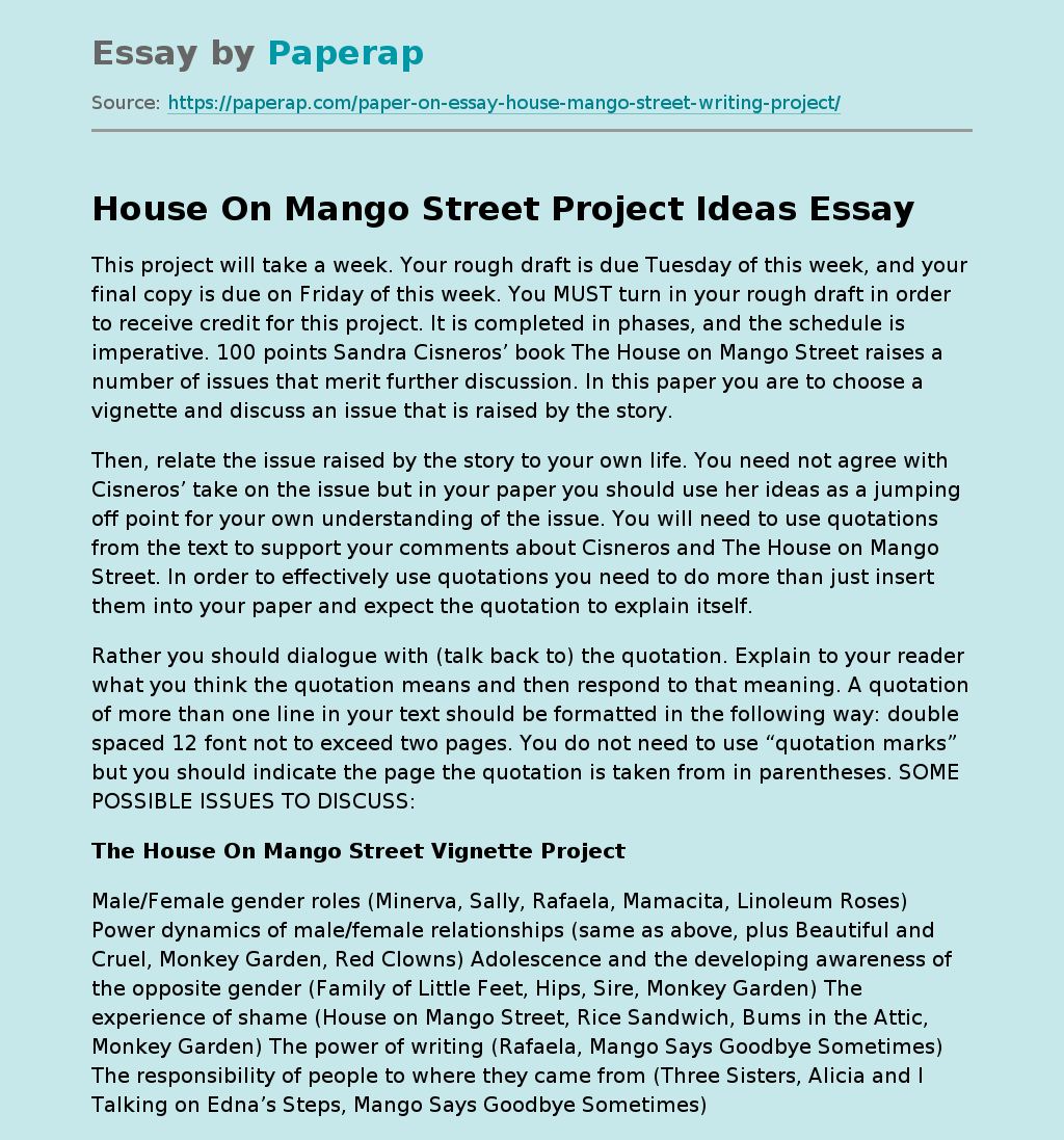House On Mango Street Project Ideas