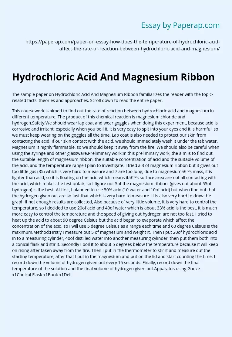Hydrochloric Acid And Magnesium Ribbon