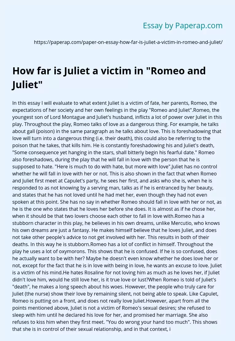 How far is Juliet a victim in "Romeo and Juliet"