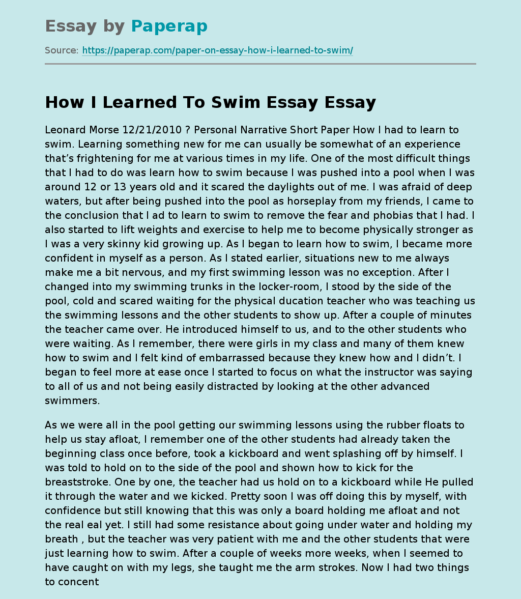 How I Learned To Swim Essay Free Essay Example