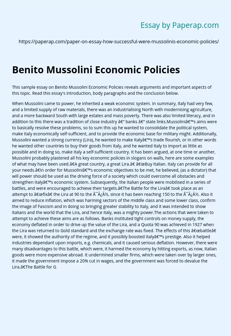 Benito Mussolini Economic Policies