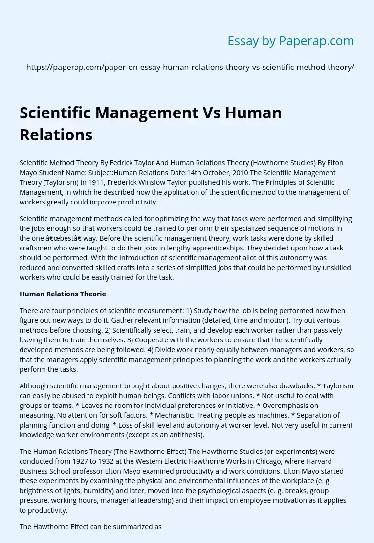 Scientific Management Vs Human Relations