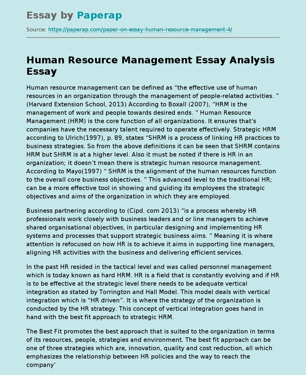 Human Resource Management Essay Analysis
