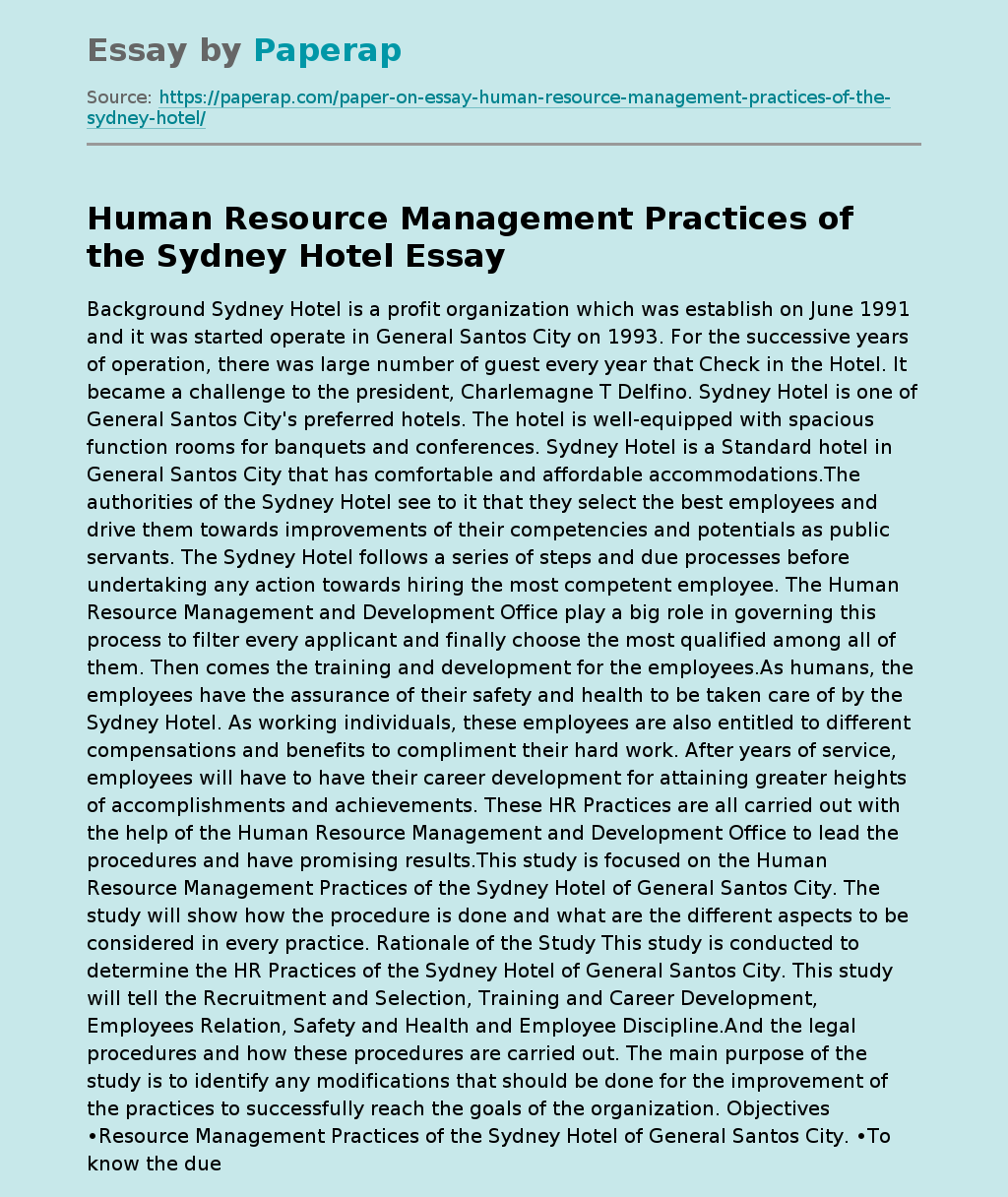 Human Resource Management Practices of the Sydney Hotel