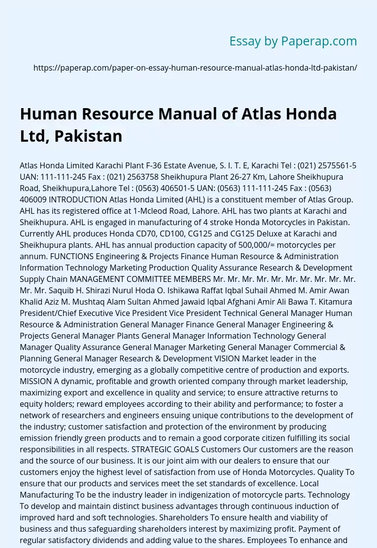 Human Resource Manual of Atlas Honda Ltd, Pakistan