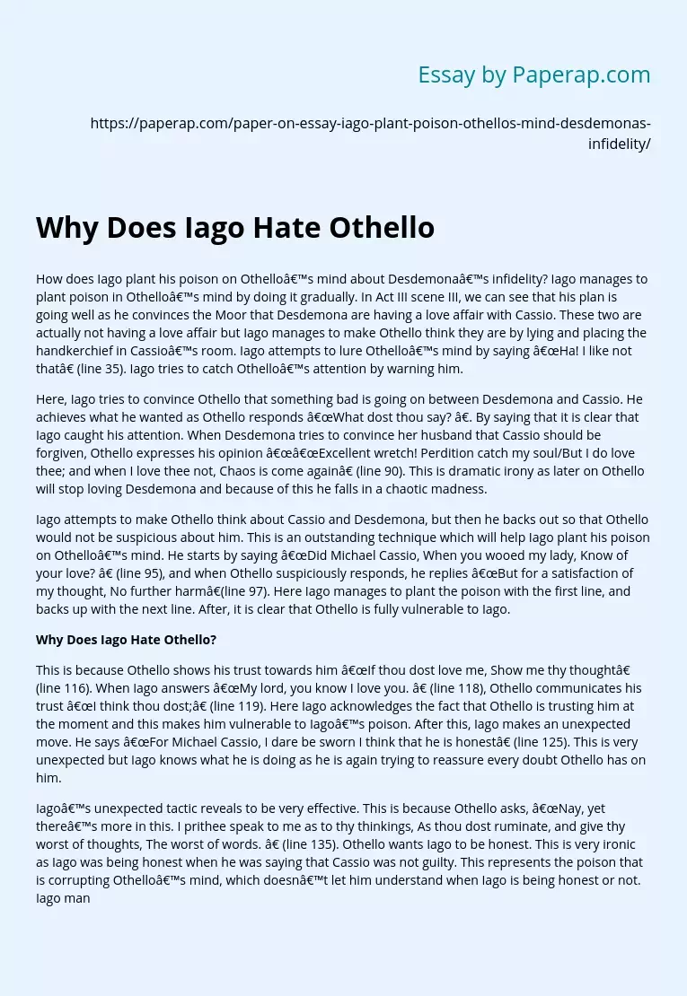 Why Does Iago Hate Othello