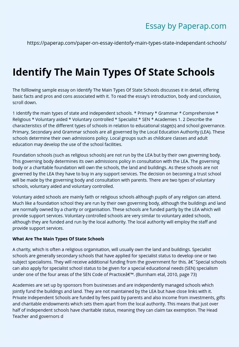 Identify The Main Types Of State Schools