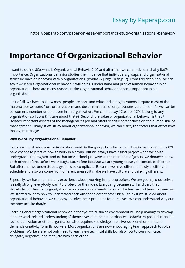 Importance Of Organizational Behavior