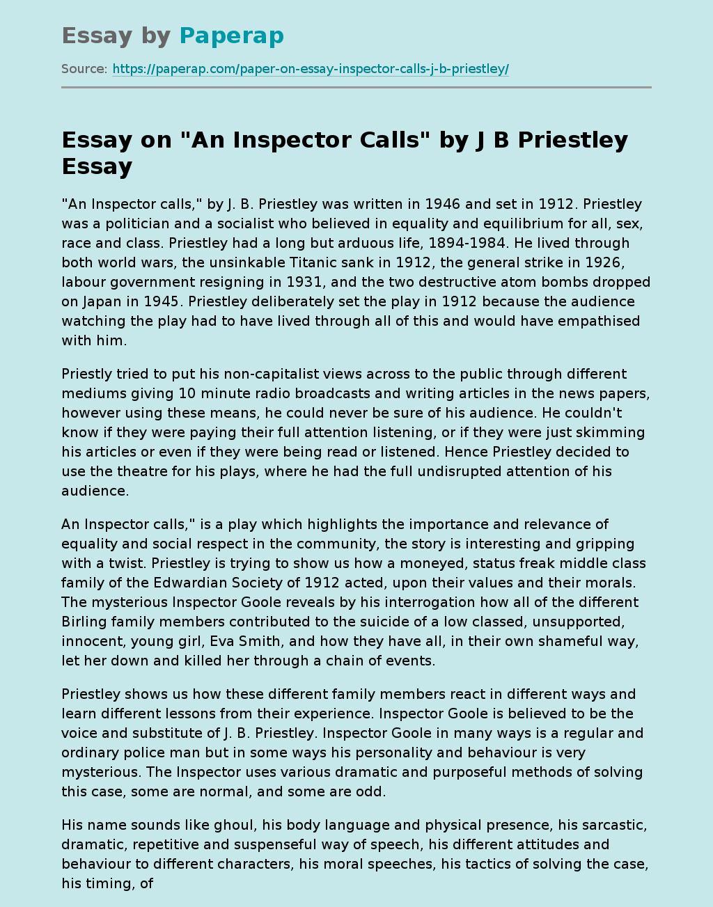 Essay on "An Inspector Calls" by J B Priestley