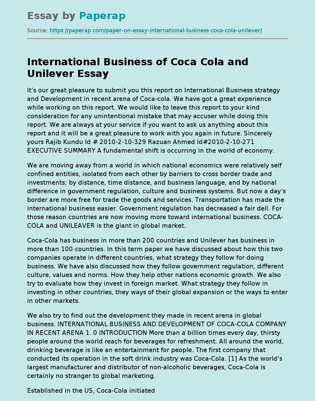 International Business of Coca Cola and Unilever