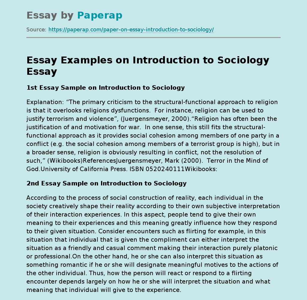 Essay Examples On Introduction To Sociology Free Essay Example