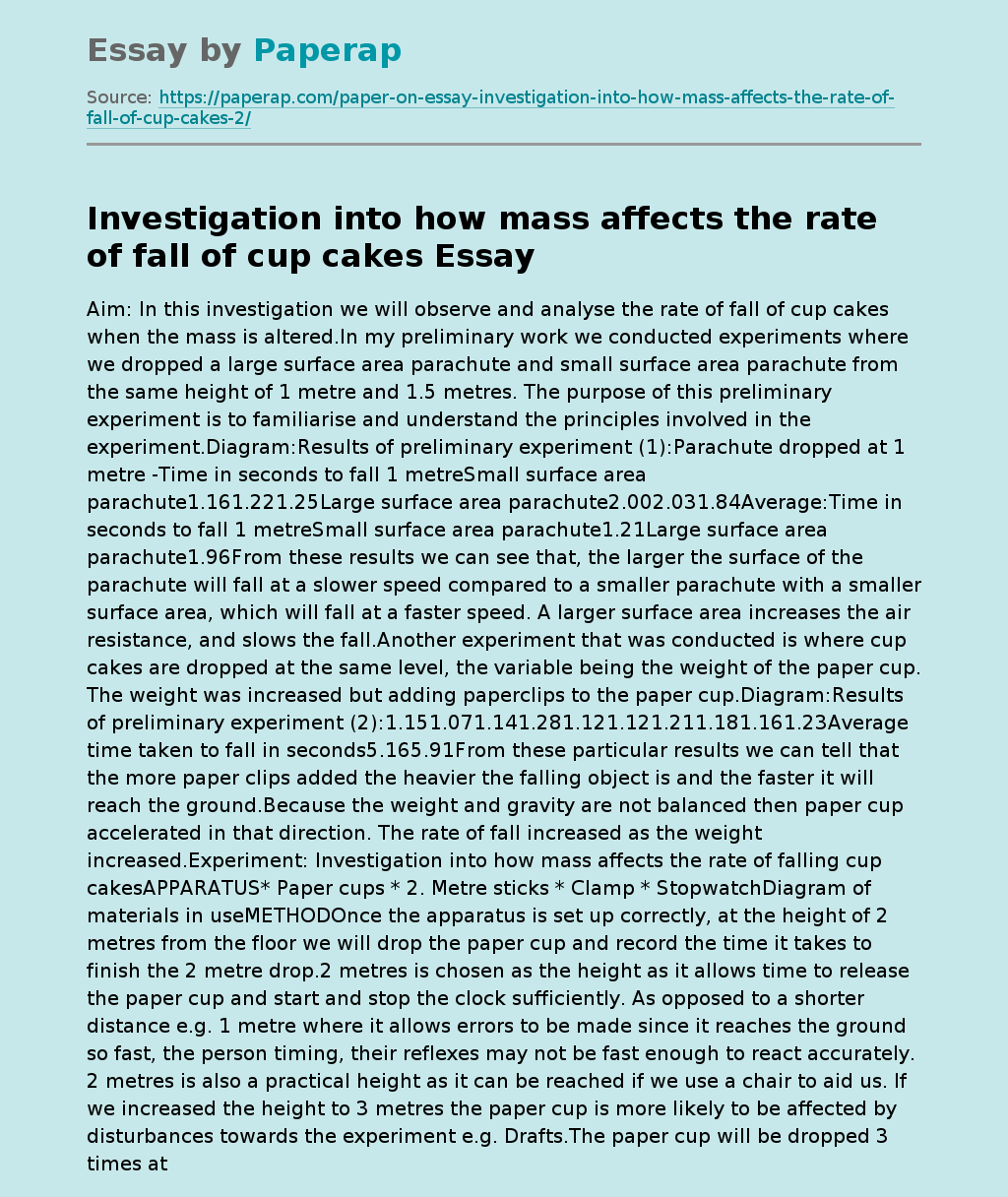 Investigation Into How mass Affects the Rate of Fall of Cup Cakes