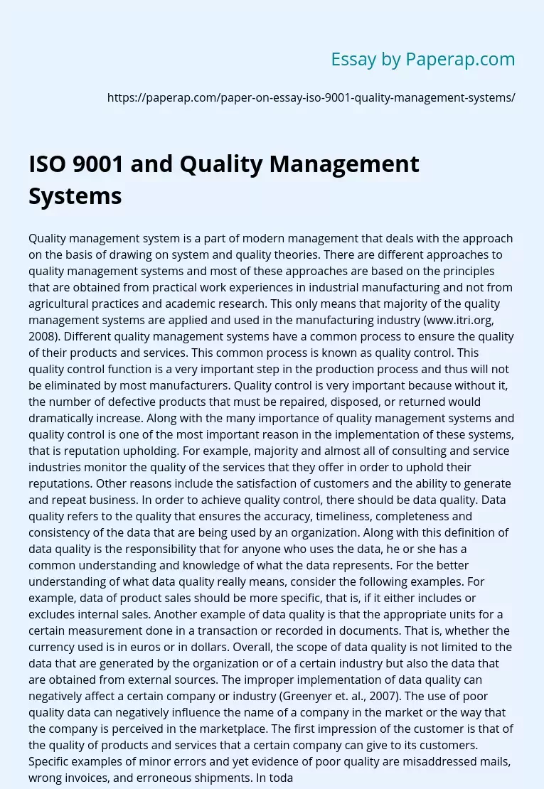 ISO 9001 and Quality Management Systems