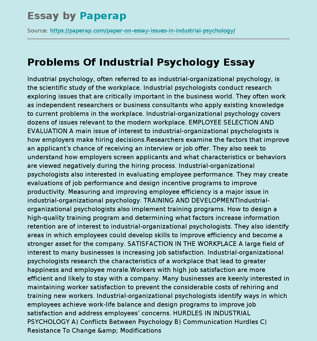 Problems Of Industrial Psychology