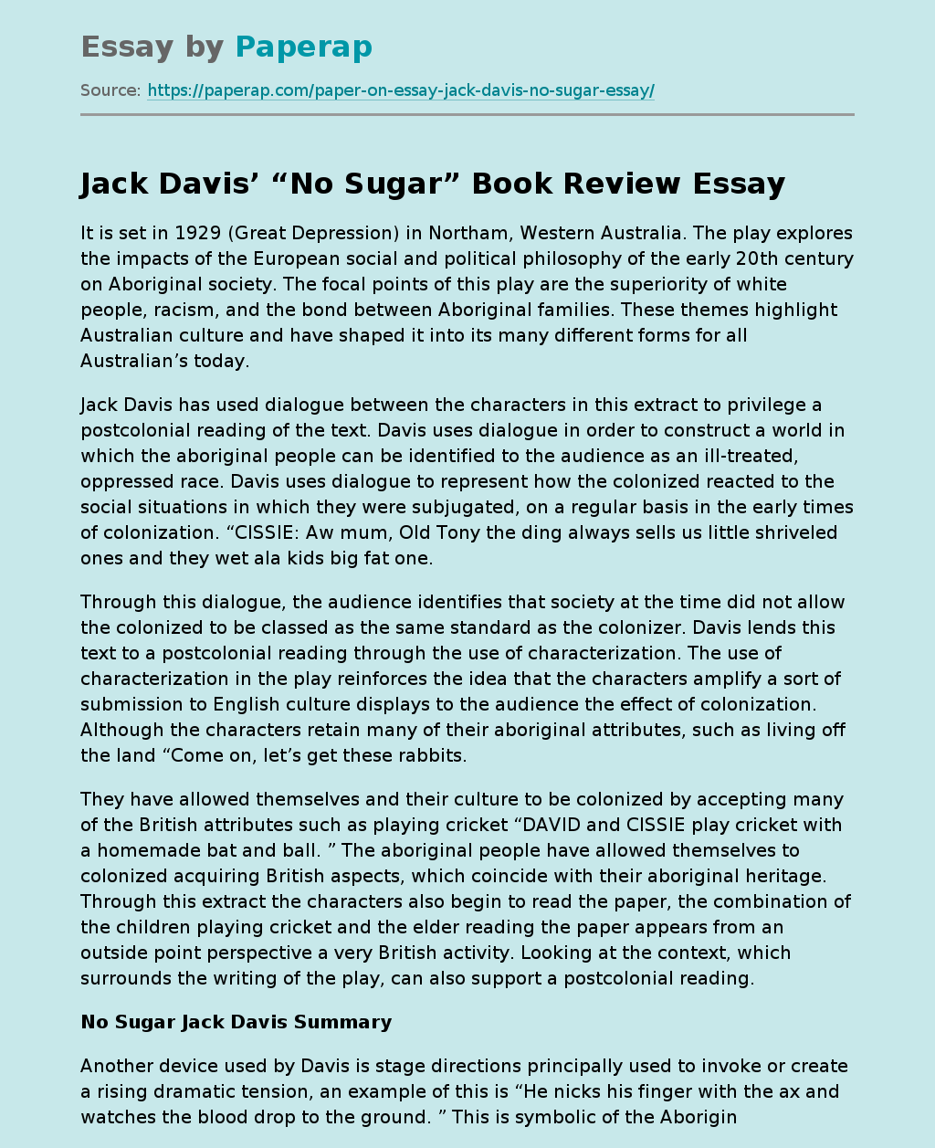 Jack Davis’ “No Sugar” Book Review