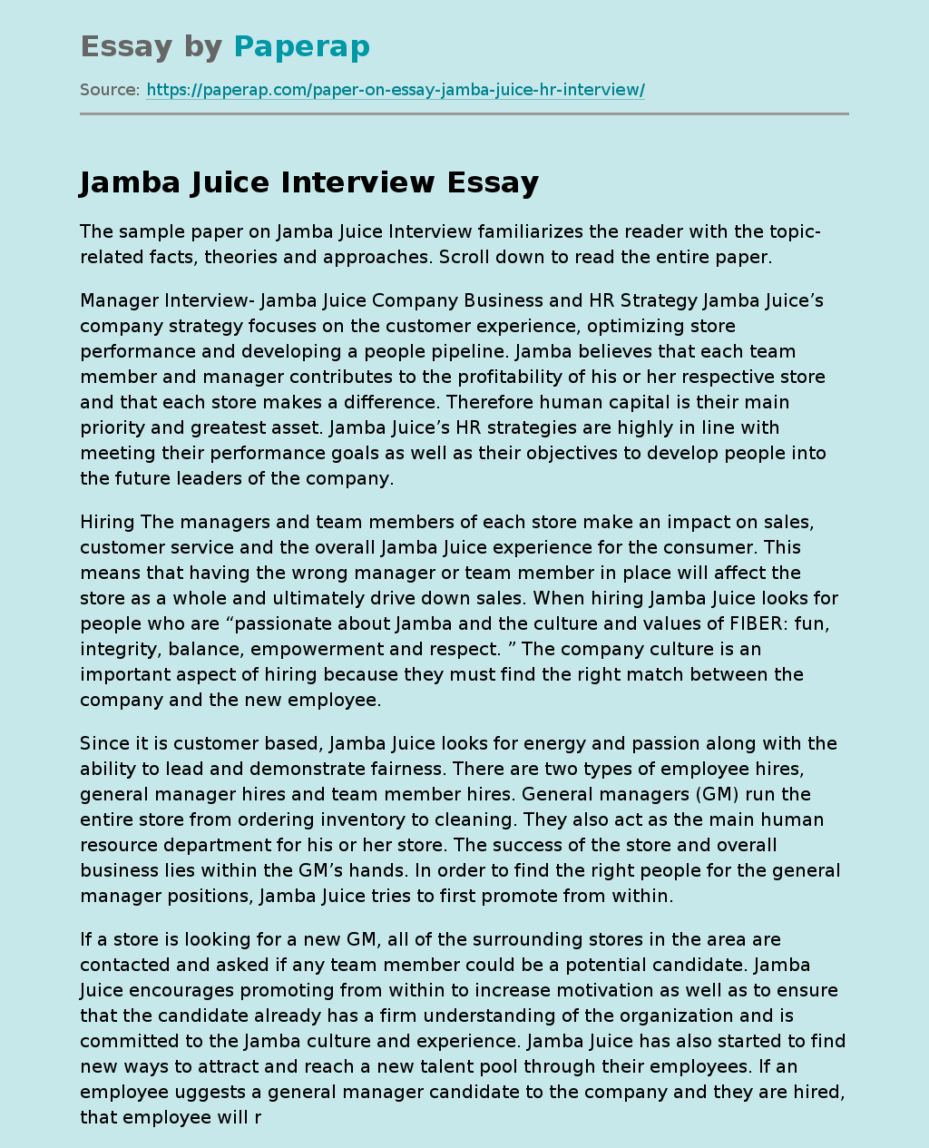 Sample Paper on Jamba Juice Interview