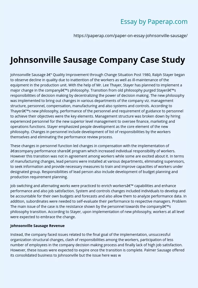 Johnsonville Sausage Company Case Study