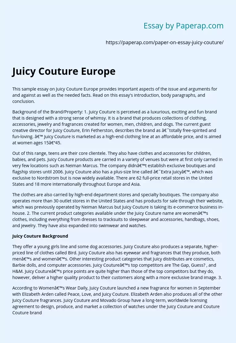 Sample Essay on Juicy Couture Europe