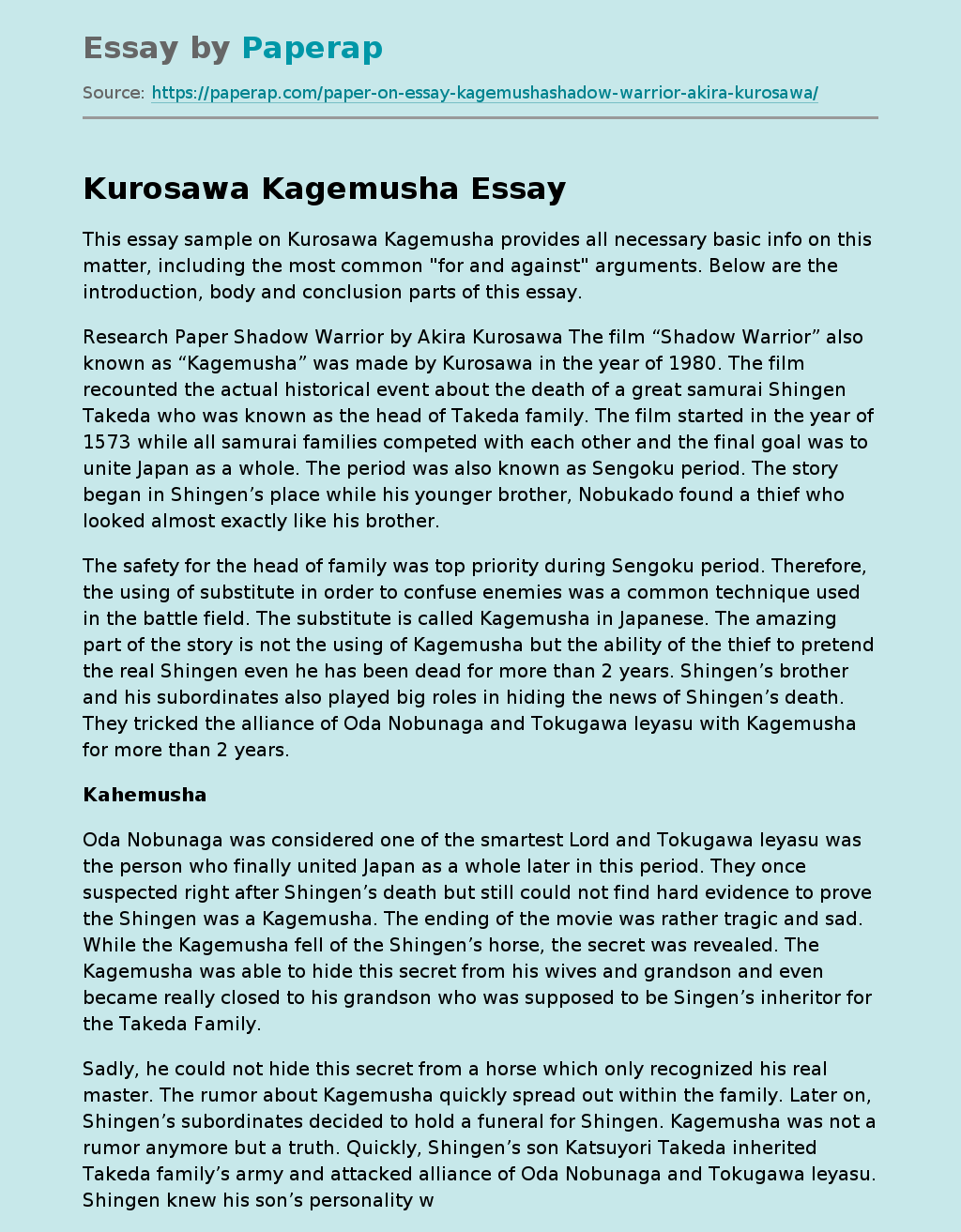 The Film Shadow Warrior by Kurosawa Kagemusha