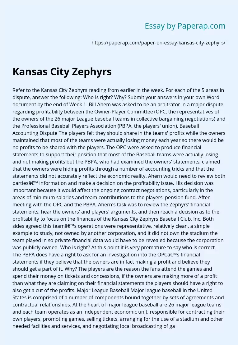 Kansas City Zephyrs Baseball Team