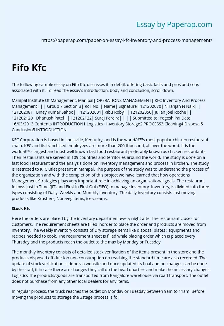 Fifo KFC Inventory and Process Management
